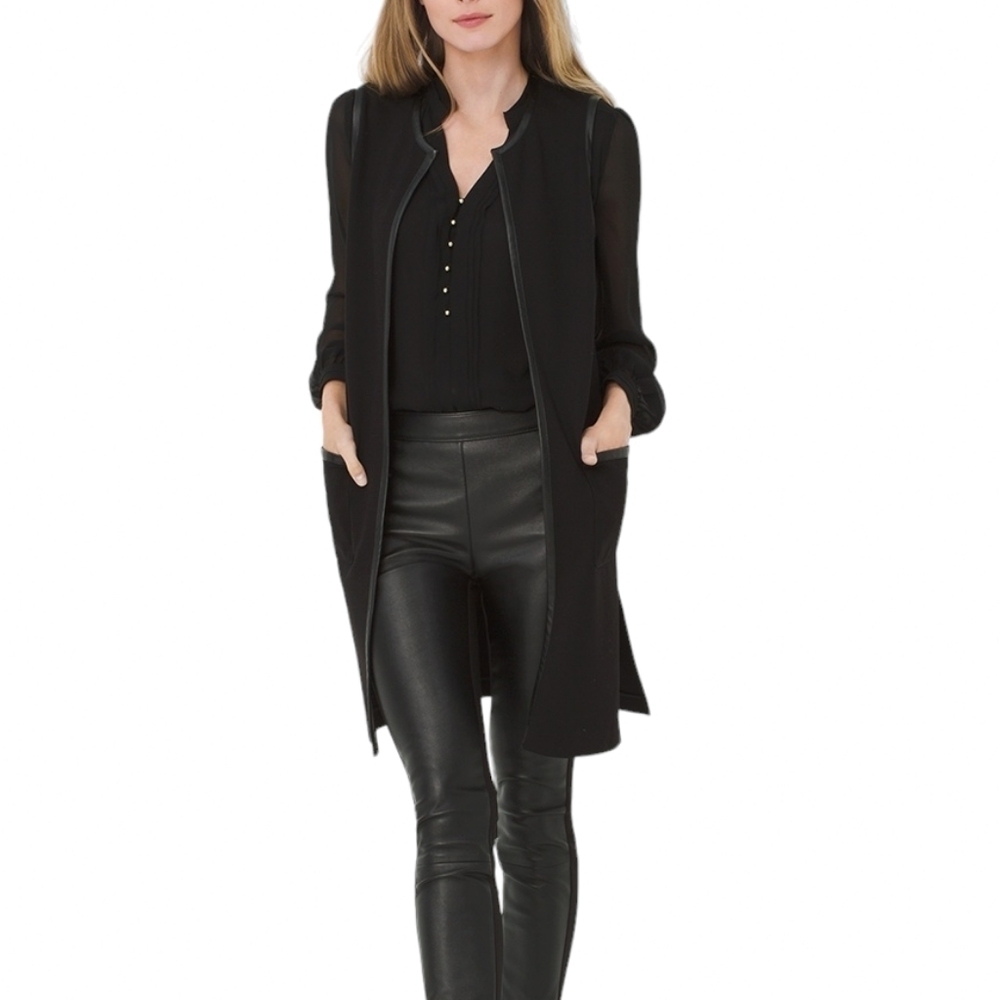 White House Black Market Black Long Vest Faux Leather Accents
